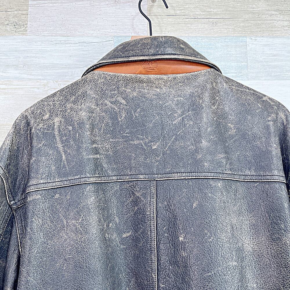 Timberland 100% Cowhide Leather Distressed Jacket Brown Zip Up Vintage Mens XL - Picture 6 of 10